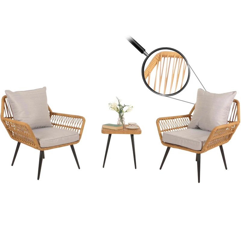 Ensemble de fauteuils et table d'appoint pour jardin en polyrotin et coussin gris clair 04_0006696