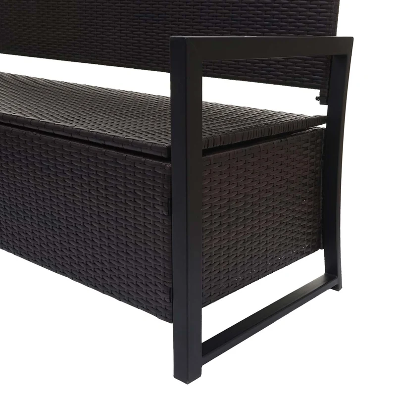 Banc banquette avec compartiment de rangement 3 places en polyrotin marron coussin noir 04_0005807