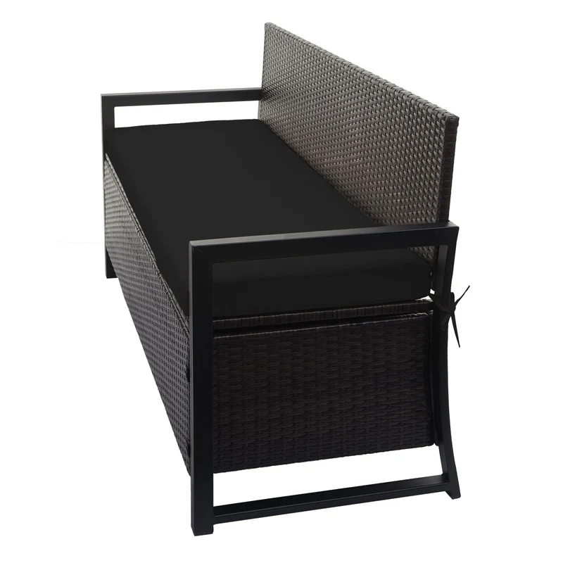 Banc banquette avec compartiment de rangement 3 places en polyrotin marron coussin noir 04_0005807