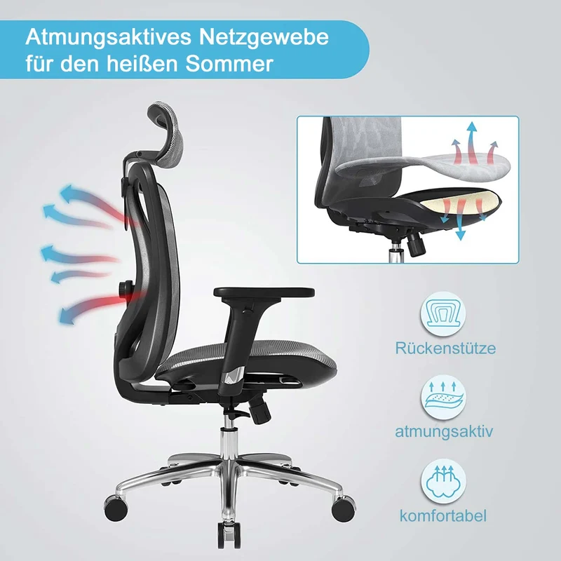 Fauteuil de bureau ergonomique avec accoudoirs hauteur réglable en maille gris cadre blanc 04_0006216