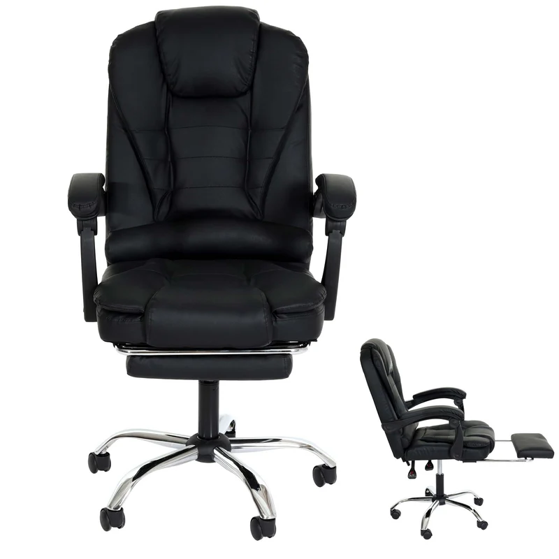 Fauteuil de bureau sur roulettes pivotant avec repose-pieds extensible en PVC noir 04_0006232