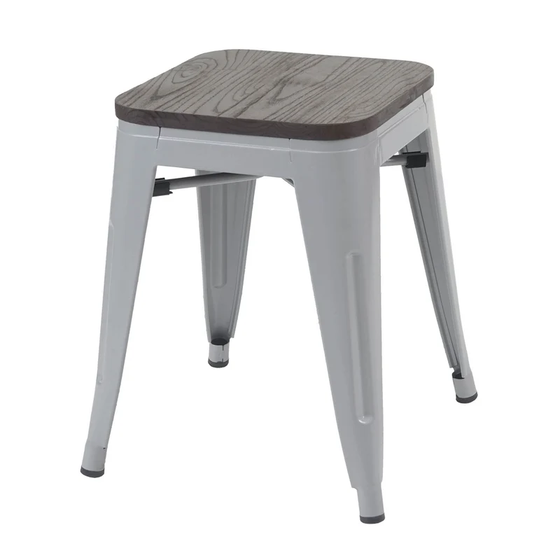 Lot de 6 tabourets bas avec assise en bois empilable en métal design industriel gris 04_0000913