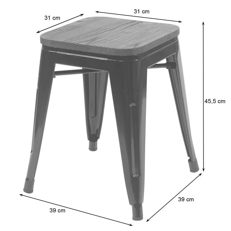 Lot de 4 tabourets bas design industriel empilables assise en bois en métal gris 04_0005230