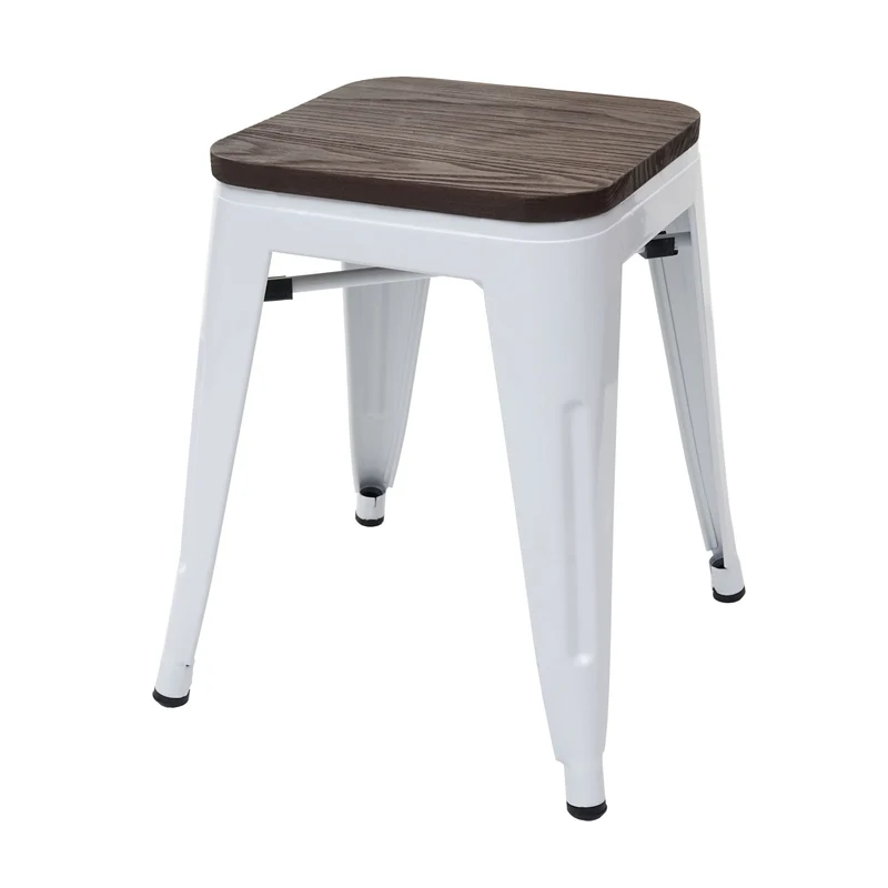 Lot de 4 tabourets bas design industriel empilables assise en bois en métal blanc 04_0005229