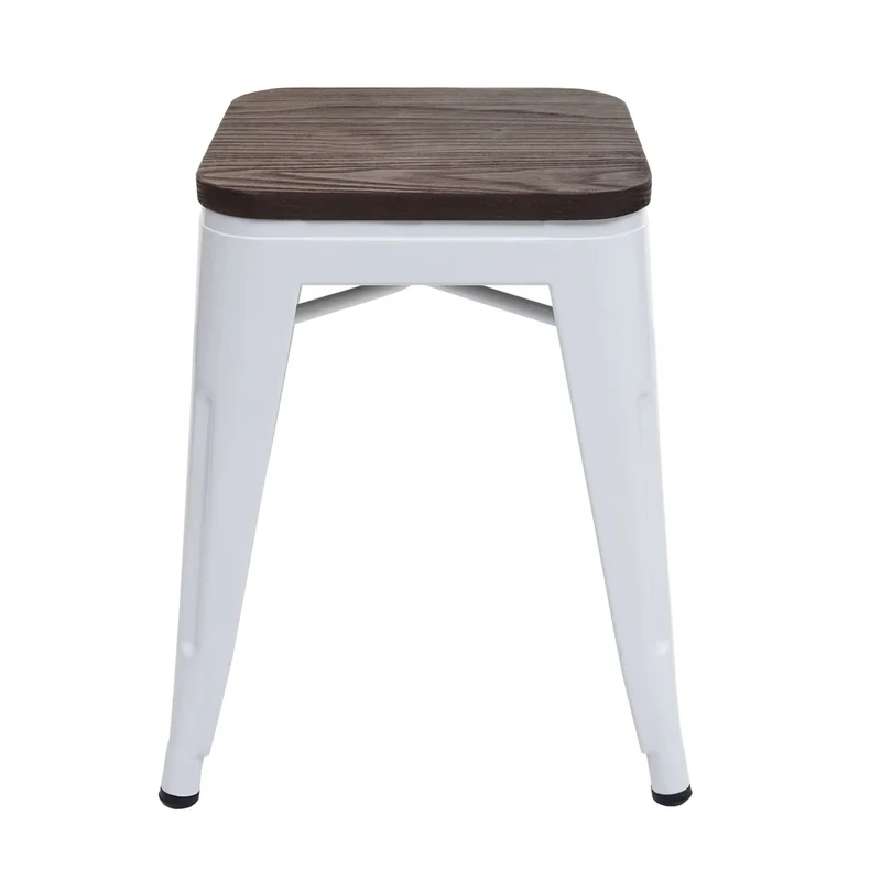 Lot de 4 tabourets bas design industriel empilables assise en bois en métal blanc 04_0005229