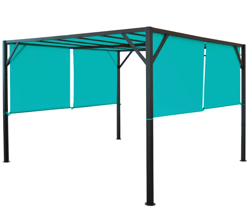 Pergola pavillon de jardin toit terrasse, structure acier stable 6cm + toit coulissant bleu turquoise 3x3m 04_0004070