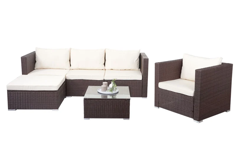 Ensemble salon de jardin canapé-salon table polyrotin marron et coussin crème 04_0004227