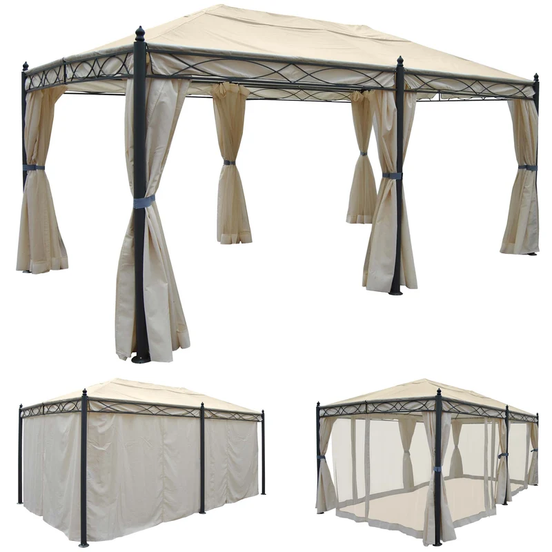 Pergola pavillon structure stable 7cm 5x3m crème avec paroi latérale + moustiquaire 04_0004082