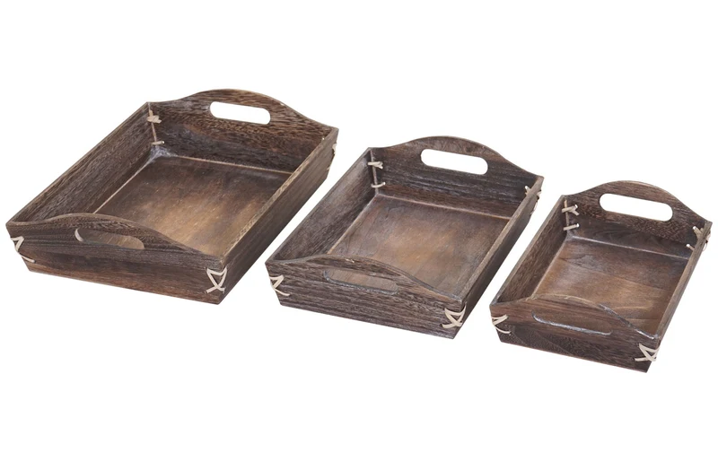 Lot de 3 plateaux de service petit-déjeuner empilable en bois marron vieilli 04_0003000
