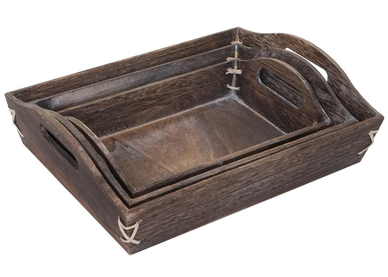 Lot de 3 plateaux de service petit-déjeuner empilable en bois marron vieilli 04_0003000