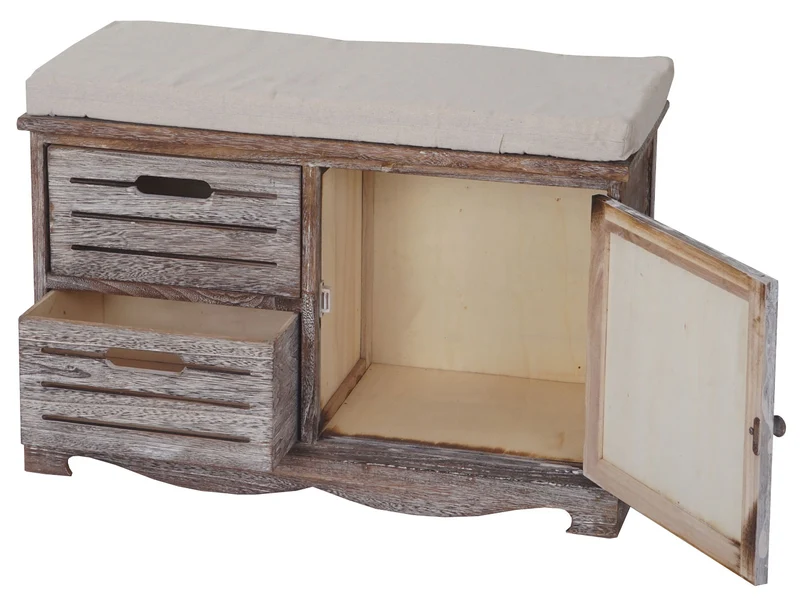 Banc banquette commode avec coussin design vintage 49x71x32cm en bois marron vieilli 04_0001159