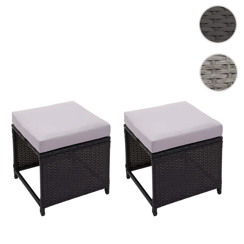 Lot de 2 tabourets bas de jardin en polyrotin noir coussins gris clair 04_0000505