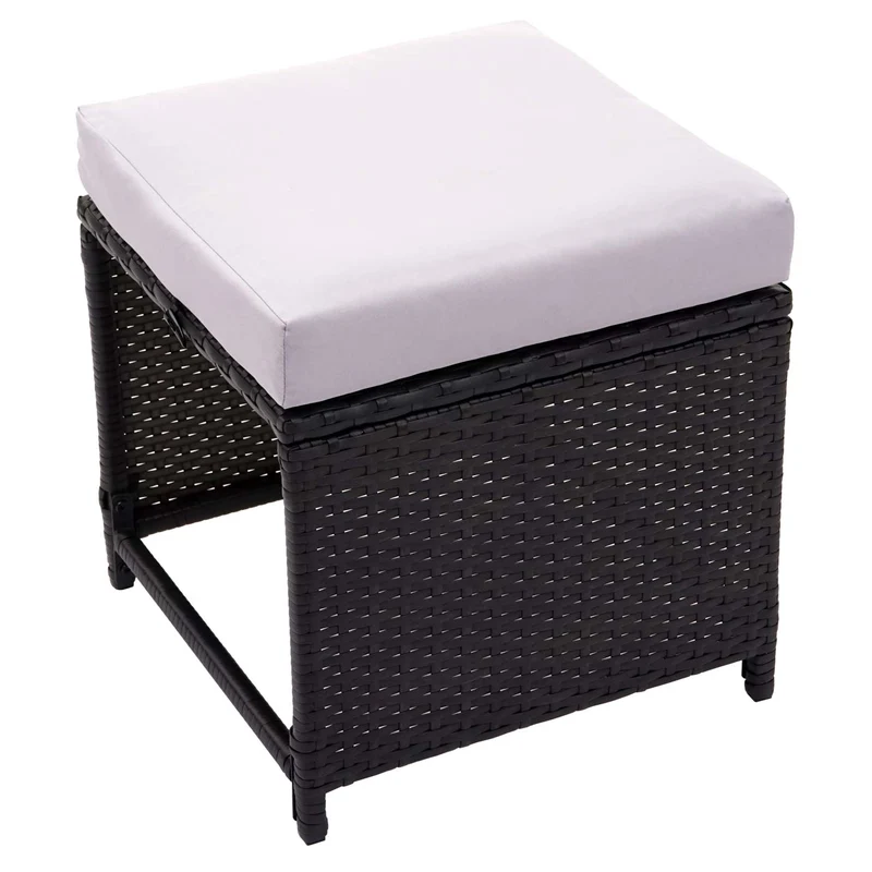 Lot de 2 tabourets bas de jardin en polyrotin noir coussins gris clair 04_0000505