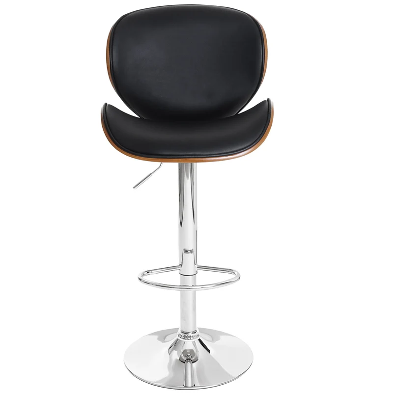 Tabouret de bar chaise de bar bois courbé design rétro aspect noyer PVC noir 04_0001218