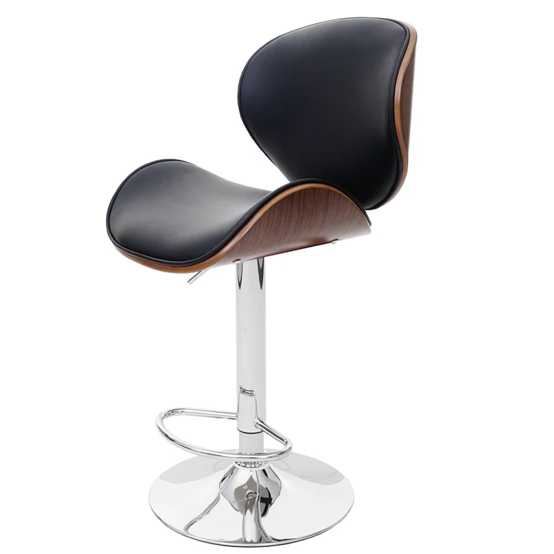 Tabouret de bar chaise de bar bois courbé design rétro aspect noyer PVC noir 04_0001218