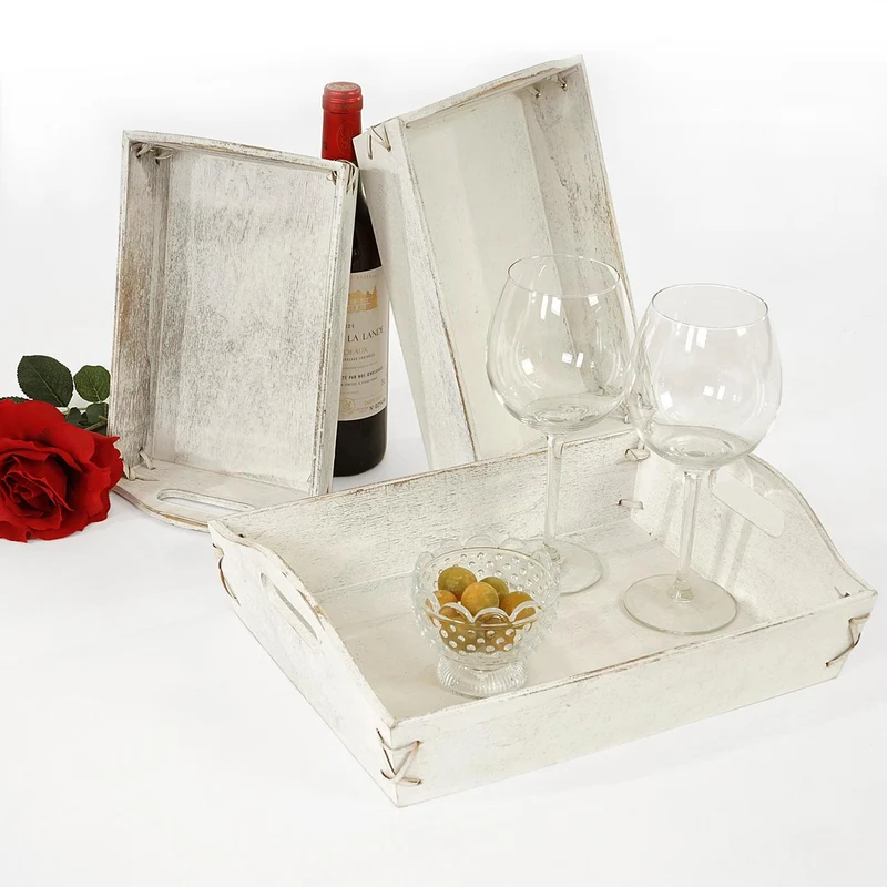 Ensemble de 3 plateaux de service petit-déjeuner empilables en bois blanc vieilli vintage 04_0002999