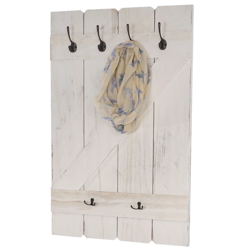 Porte-manteau mural panneau avec 6 crochets 91x60cm en bois blanc vieilli 04_0001012