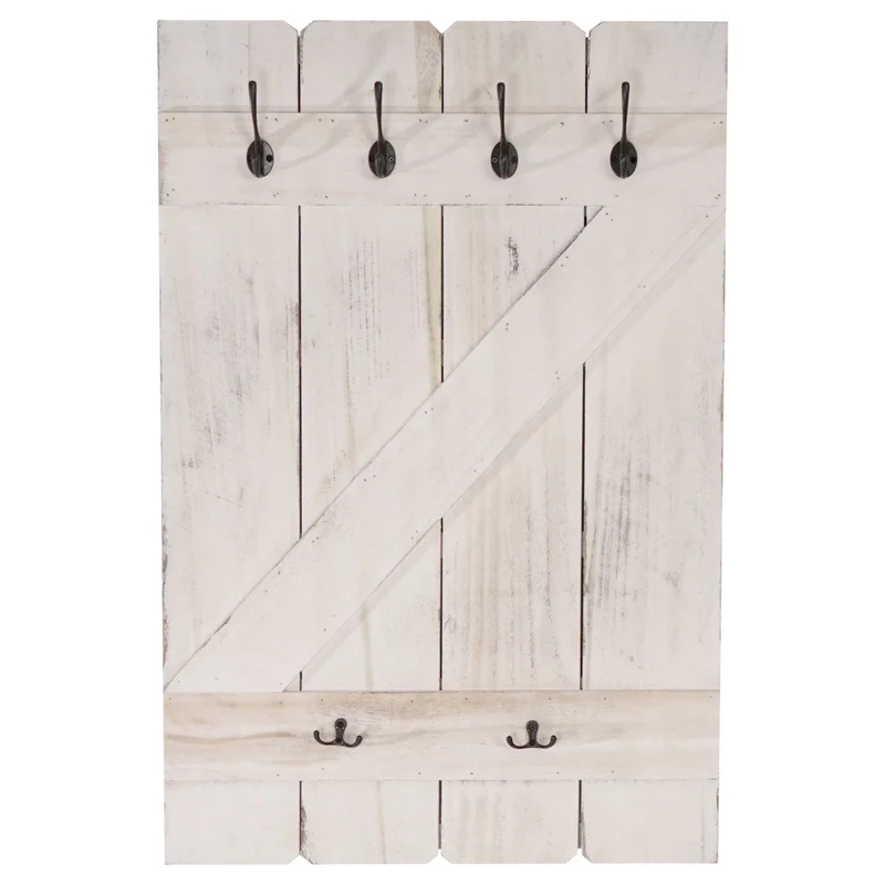 Porte-manteau mural panneau avec 6 crochets 91x60cm en bois blanc vieilli 04_0001012