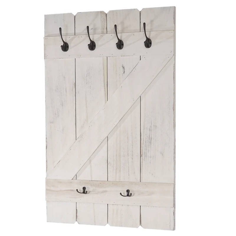 Porte-manteau mural panneau avec 6 crochets 91x60cm en bois blanc vieilli 04_0001012