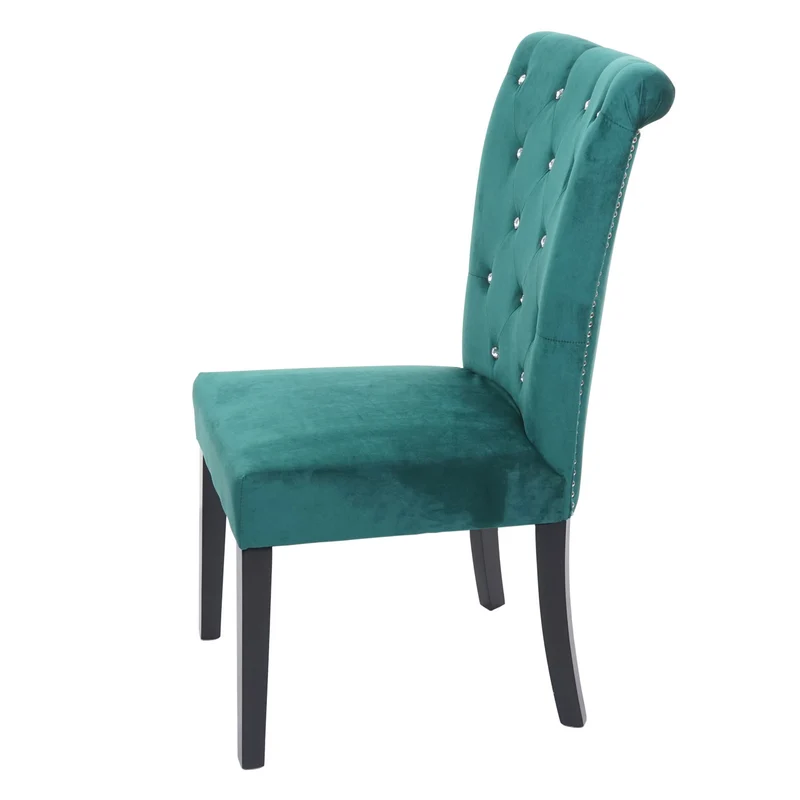 Lot de 2 chaises à manger cuisine en velours vert foncé avec décoration bouton cristal pieds bois noirs 04_0000354