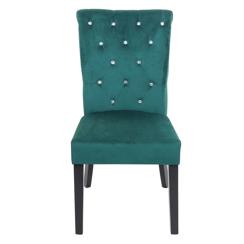 Lot de 2 chaises à manger cuisine en velours vert foncé avec décoration bouton cristal pieds bois noirs 04_0000354
