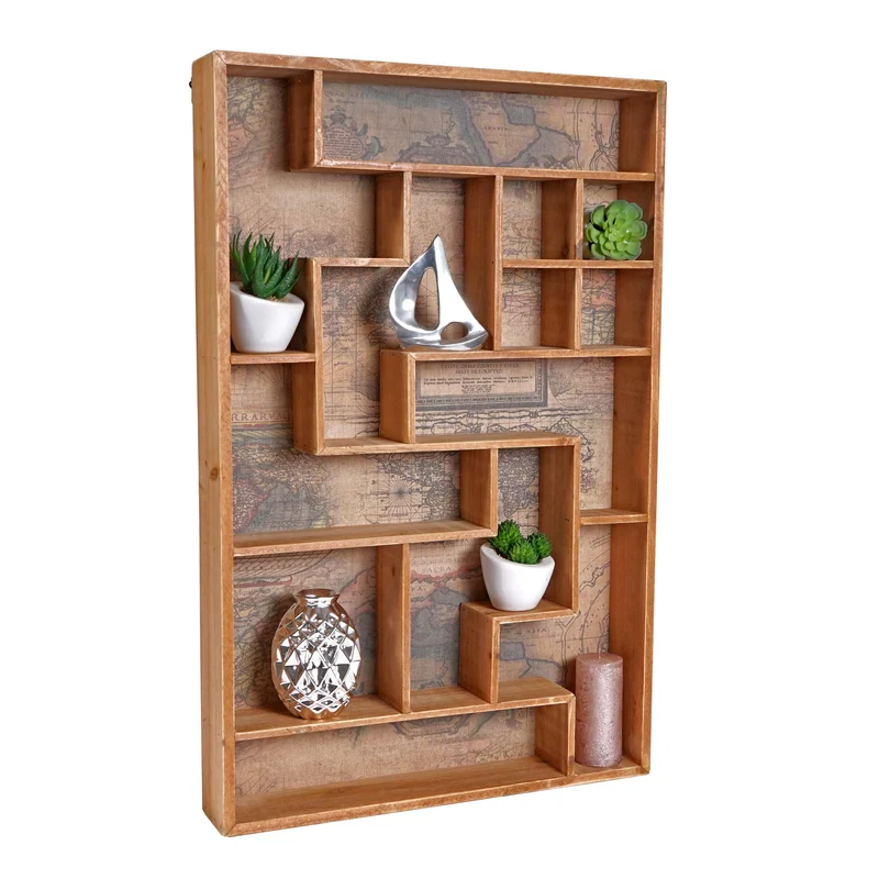 Étagère murale vintage 13 compartiments – Bois avec carte ancienne – 70x45x8 cm 04_0007212