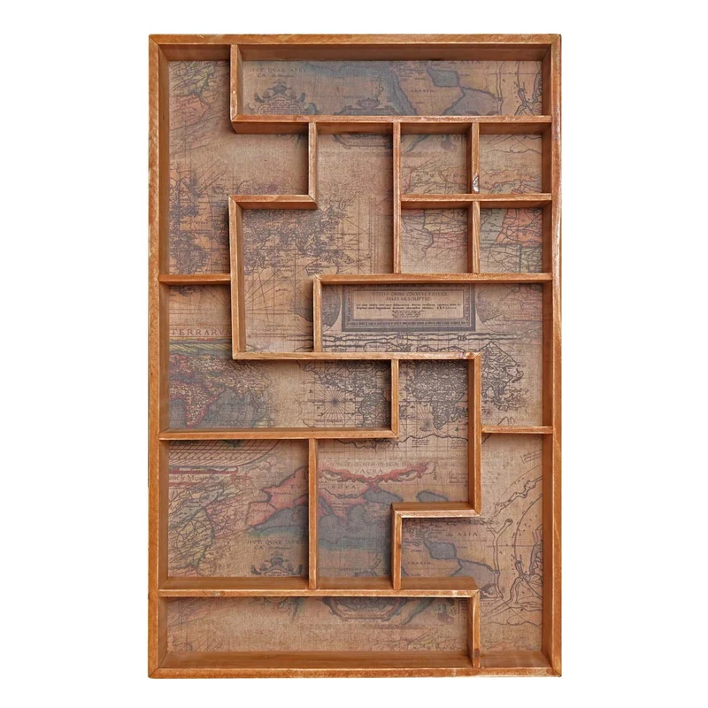 Étagère murale vintage 13 compartiments – Bois avec carte ancienne – 70x45x8 cm 04_0007212