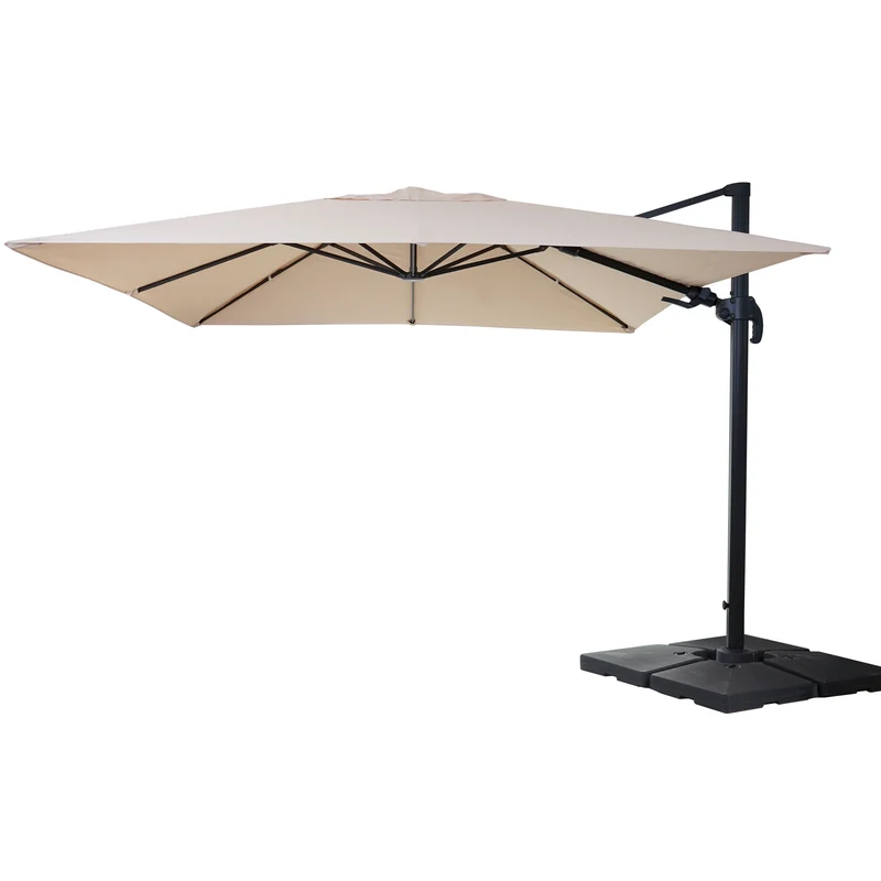 Parasol déporté orientable 3 x 4 m Ø env. 5 m aluminium et polyester crème rotatif avec pied 04_0007951