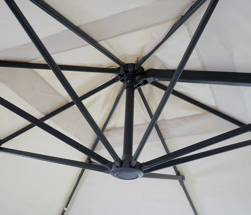 Parasol déporté orientable 3 x 4 m Ø env. 5 m aluminium et polyester crème rotatif avec pied 04_0007951