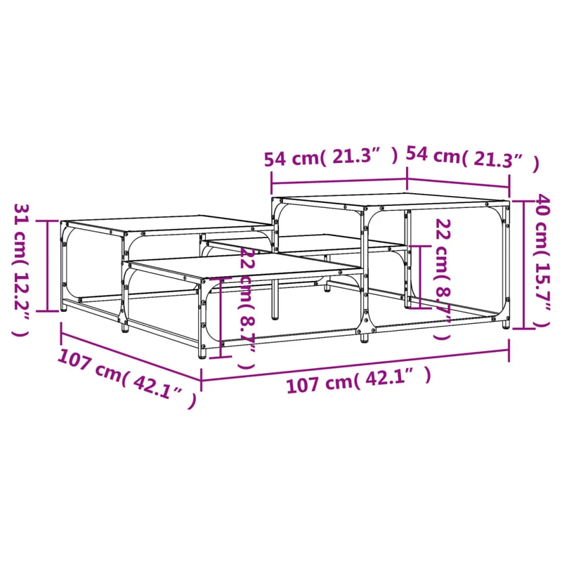 Table basse avec différentes hauteurs design industriel 107 x 107 x 40 cm bois d'ingénierie couleur chêne et métal DEC038925