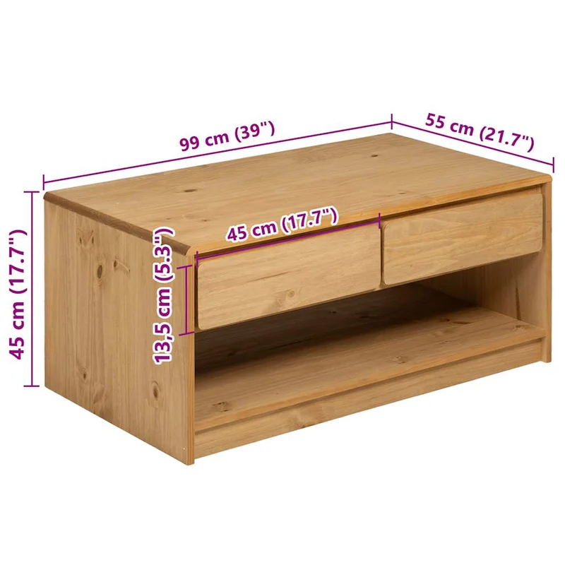 Table basse avec 2 tiroirs et 1 compartiment ouvert design rustique 99 x 55 x 45 cm bois de pin massif couleur chêne DEC039920