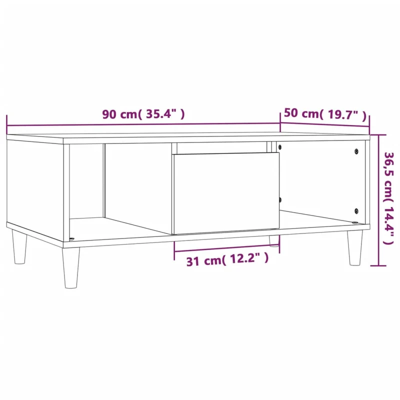 Table basse avec tiroir 2 compartiments ouverts design moderne 90 x 50 x 36,5 cm bois d'ingénierie noir DEC039829