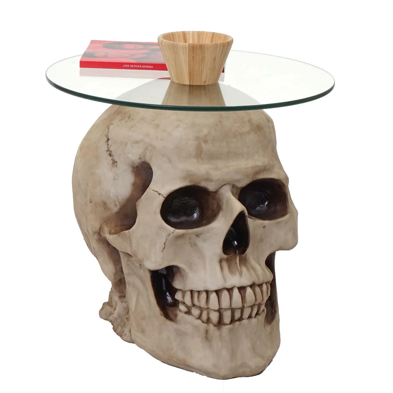 Table d'appoint Crâne HWC-A19, table en verre Table de salon Table basse Table basse, Polyresin Rond Ø55cm Nature 04_0005048