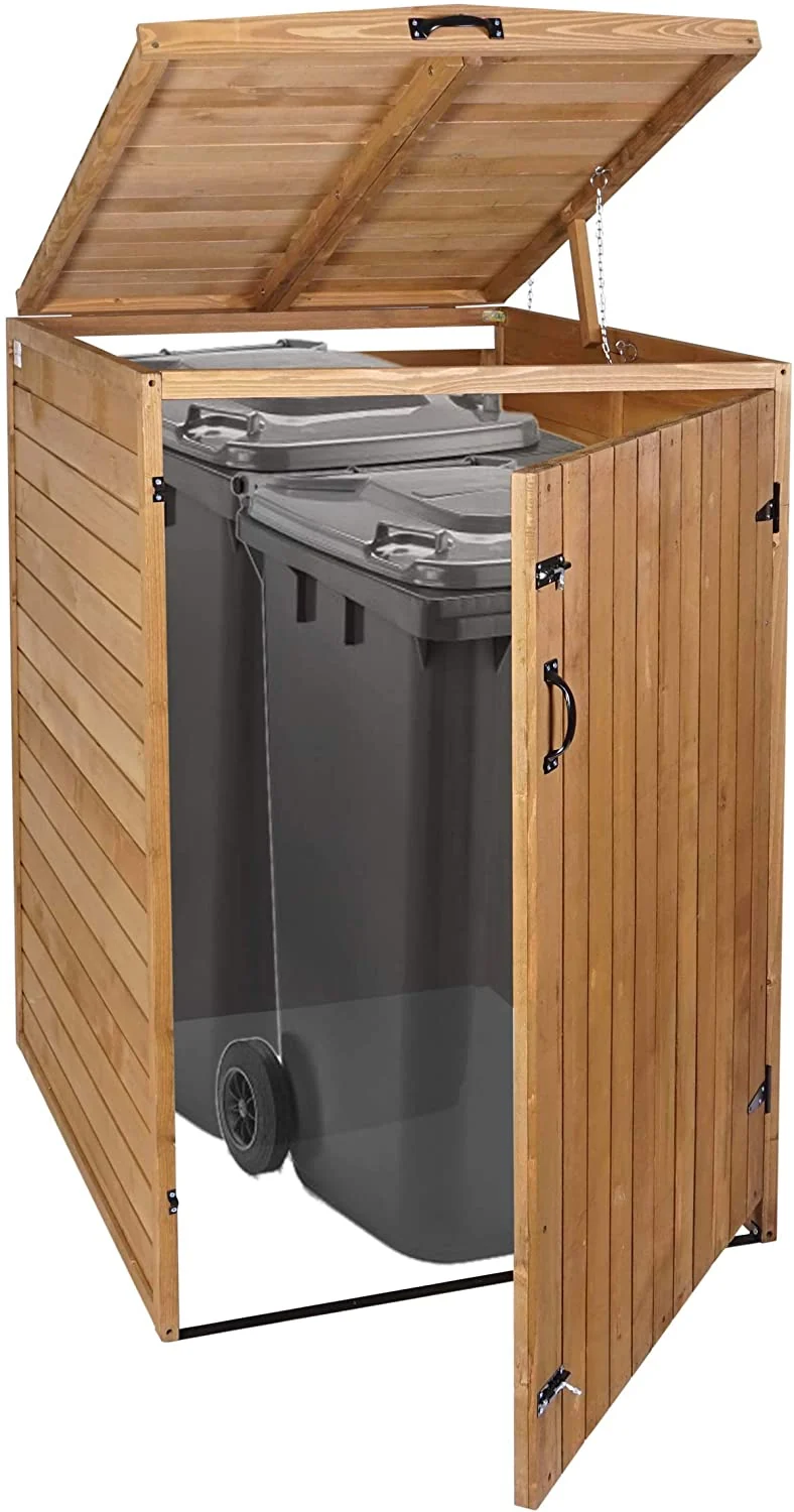 Abri de poubelles extérieur conteneurs à ordures avec couvercle jusqu'à 2 bacs 126x79,5x98 cm en bois certifié FSC marron 04_0005589