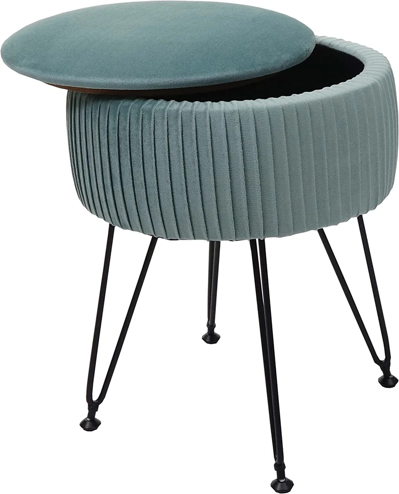 Tabouret avec compartiment de rangement Ø 33cm aspect velours vert clair cadre noir TABO04015