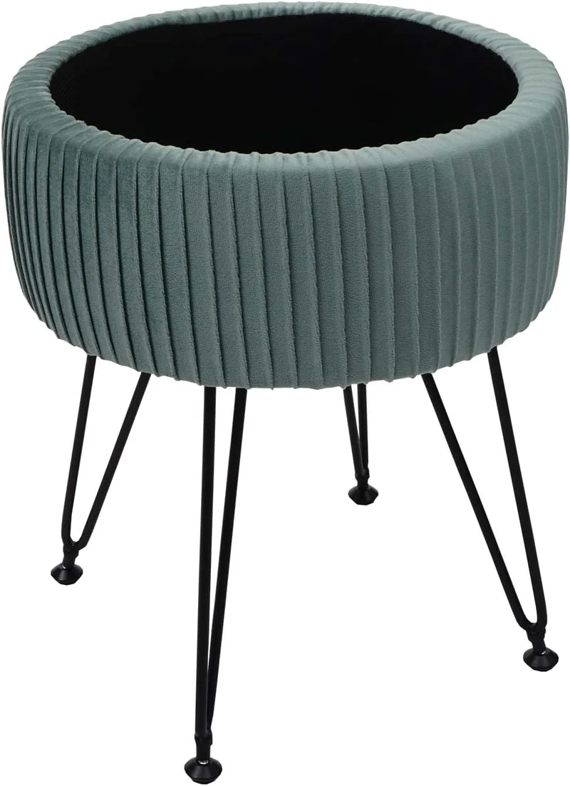 Tabouret avec compartiment de rangement Ø 33cm aspect velours vert clair cadre noir TABO04015