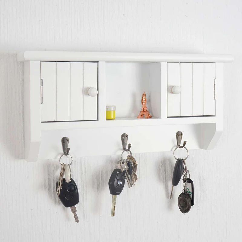 Porte-clés meuble d'entrée mural avec portes et étagère en bois massif blanc 04_0003586