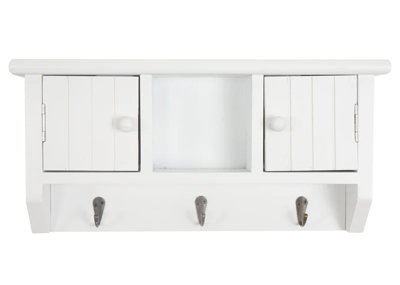 Porte-clés meuble d'entrée mural avec portes et étagère en bois massif blanc 04_0003586
