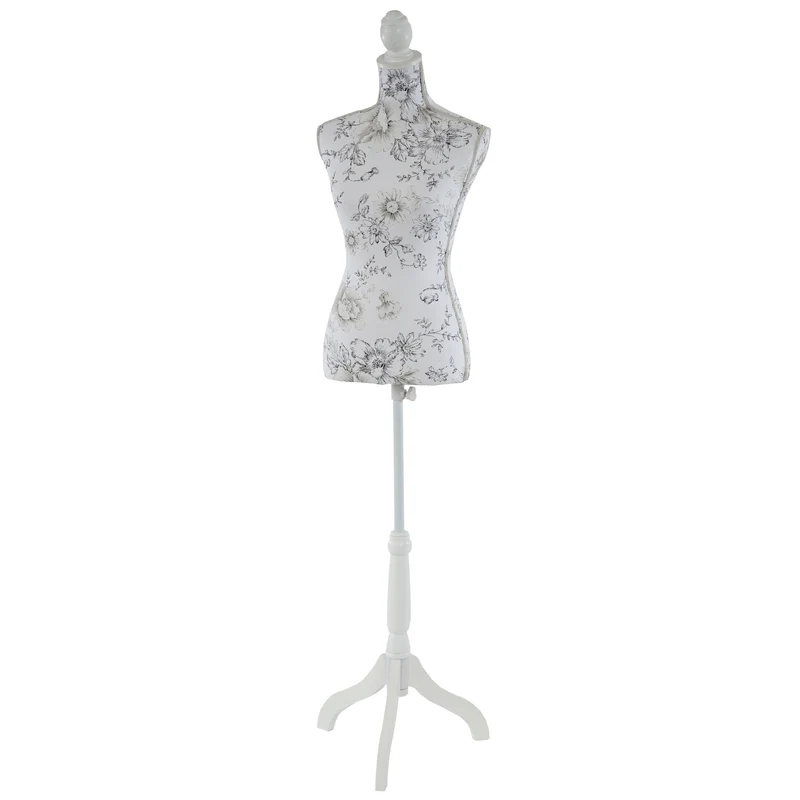 Buste de couture féminin sur pieds hauteur régable mannequin femme déco vitrine fibre de verre blanc avec des fleurs 04_0004285