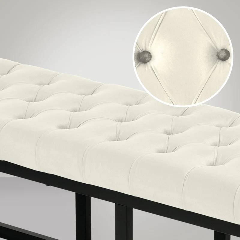 Banquette banc bout de lit longueur 120 cm en velours capitonné en velours crème et métal noir 10_0003667