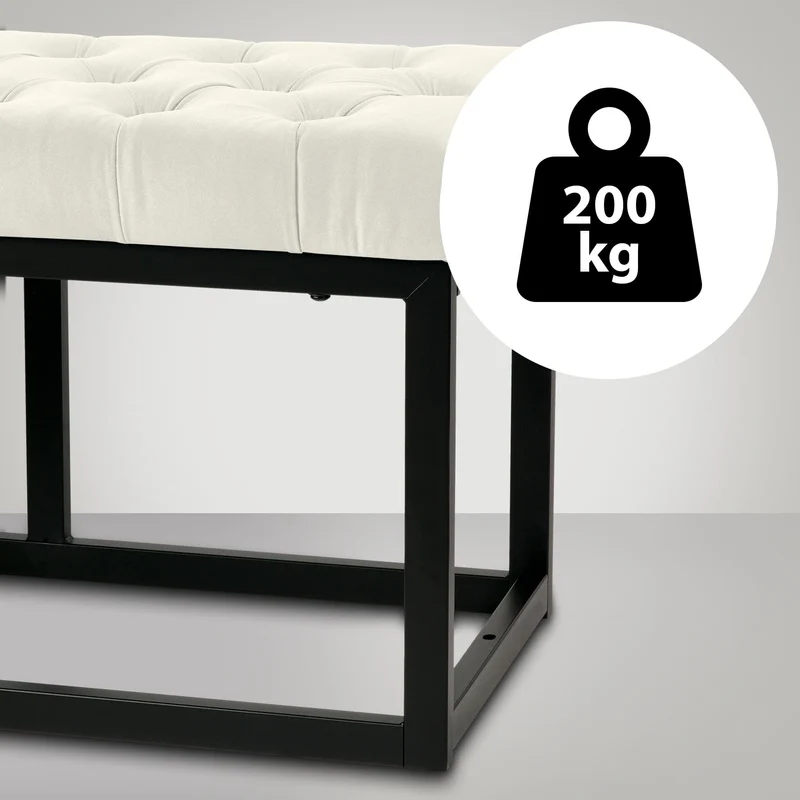 Banquette banc bout de lit longueur 120 cm en velours capitonné en velours crème et métal noir 10_0003667