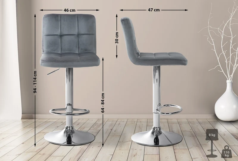 Lot de 2 tabourets de bar en velours gris foncé avec coutures décoratives pied en trompette métal chromé 10_0004390
