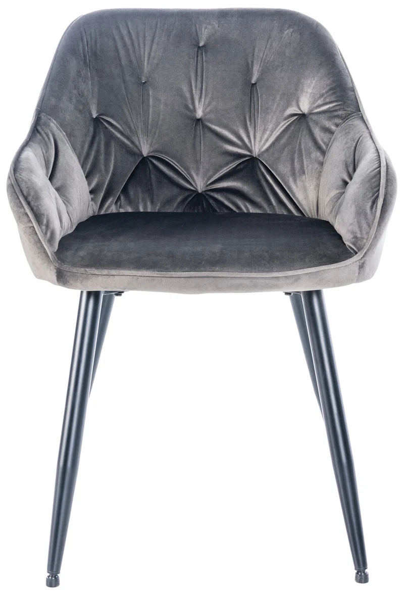 Chaise de salle à manger retro assise capitonnné en velours gris foncé et pieds en métal noir 10_0005488