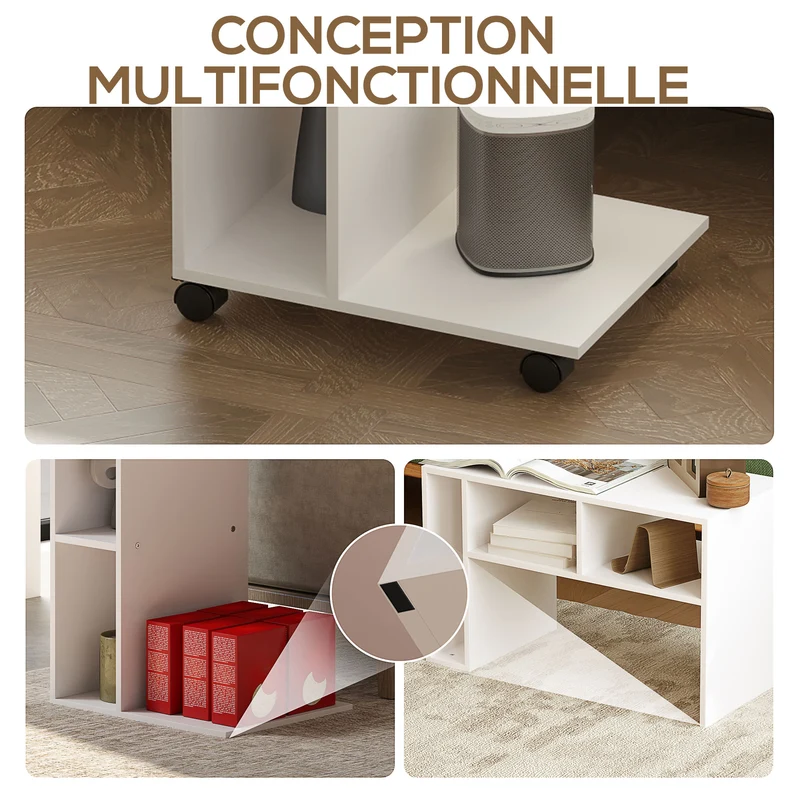 Table d'appoint en c 40 x 30 x 69 cm roulettes avec freins 3 compartiments épuré salon en panneau de particules blanc 21_0003469