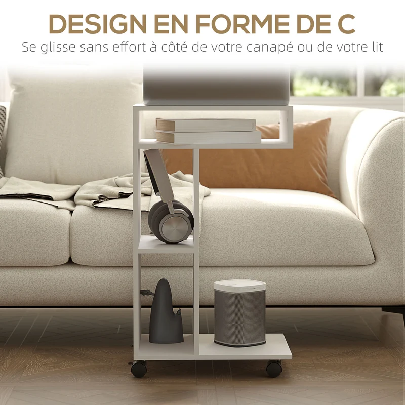 Table d'appoint en c 40 x 30 x 69 cm roulettes avec freins 3 compartiments épuré salon en panneau de particules blanc 21_0003469