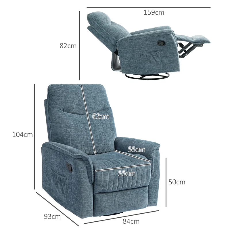 Fauteuil inclinable salon pivotant 84 x 93 x 104 cm inclinaison 135° repose-pieds contemporain cosy en polyester bleu 21_0003427