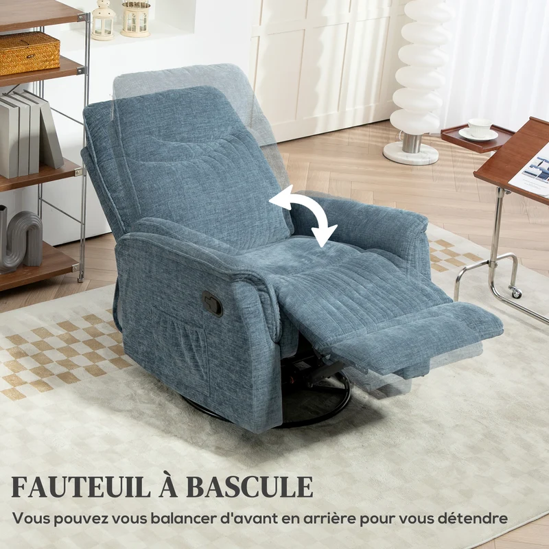 Fauteuil inclinable salon pivotant 84 x 93 x 104 cm inclinaison 135° repose-pieds contemporain cosy en polyester bleu 21_0003427