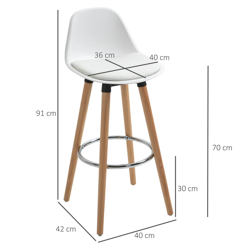Lot de 4 tabourets de bar 38,5 x 42,5 x 91 cm assise rembourrée confort repose-pieds métal style scandinave en PU blanc 21_0002368