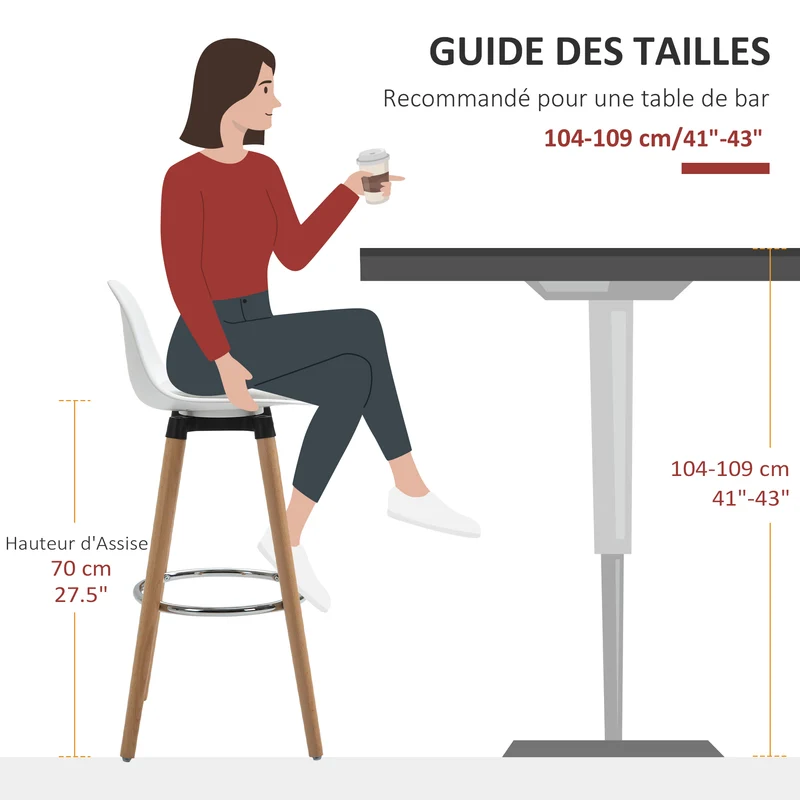 Lot de 4 tabourets de bar 38,5 x 42,5 x 91 cm assise rembourrée confort repose-pieds métal style scandinave en PU blanc 21_0002368