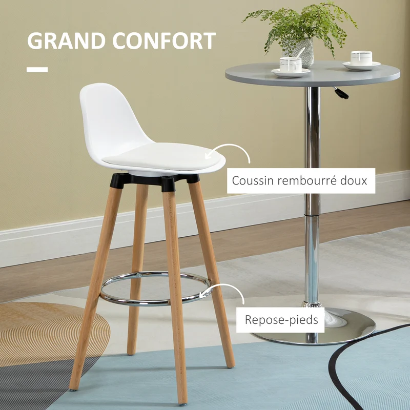 Lot de 4 tabourets de bar 38,5 x 42,5 x 91 cm assise rembourrée confort repose-pieds métal style scandinave en PU blanc 21_0002368